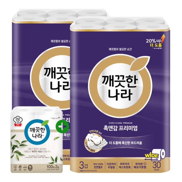 깨끗한나라 화장지 촉앤감 케어 30m 30롤 2팩 + 키친타올 100매 2롤