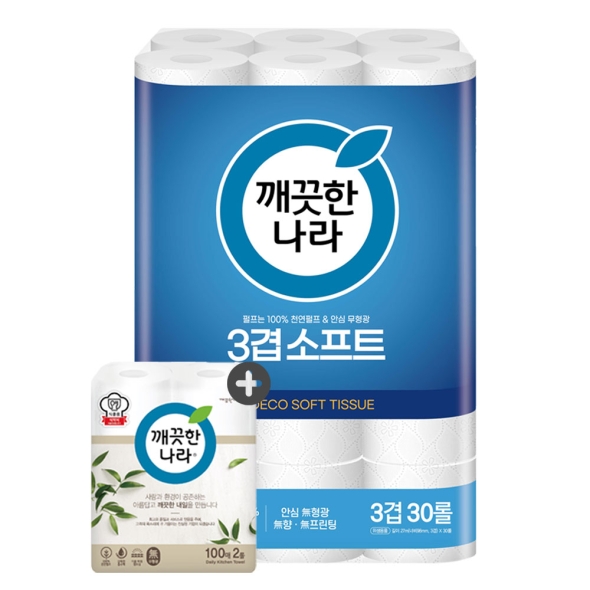 깨끗한나라 화장지 3겹 소프트 27m 30롤 1팩 + 키친타올 100매 2개