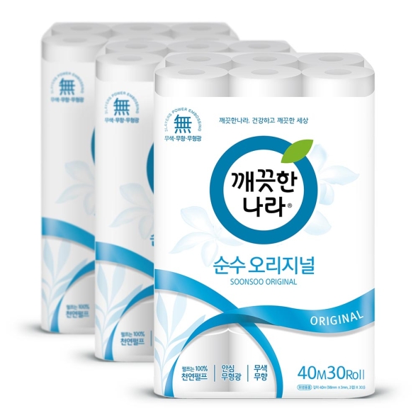 깨끗한나라 2겹 순수 오리지널 화장지 40m 30롤 3팩