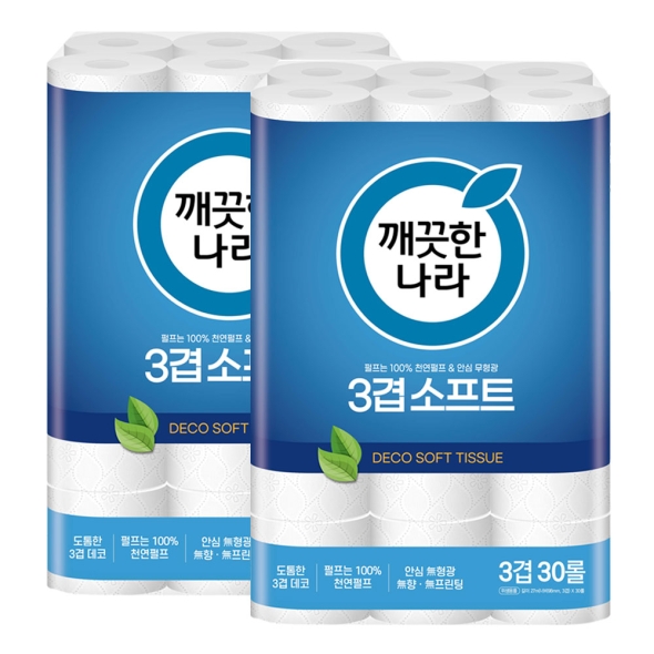 깨끗한나라 화장지 3겹 소프트 27m 30롤 2팩