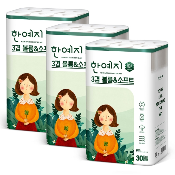 한예지 볼륨앤소프트 천연펄프 3겹 화장지 30롤 (3팩)