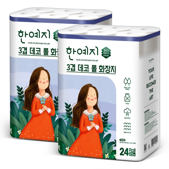한예지 3겹데코 천연펄프 화장지 22M 24롤 (2팩)