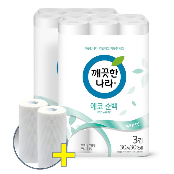 깨끗한나라 화장지 에코 순백 30m 30롤 2팩 + 키친타올 100매 2롤