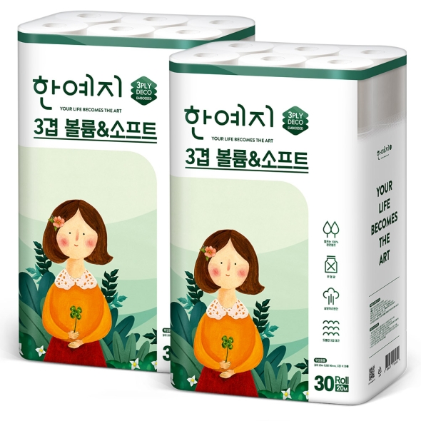 한예지 볼륨앤소프트 천연펄프 3겹 화장지 30롤 (2팩)