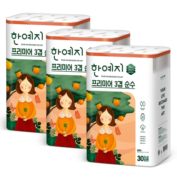 한예지 3겹 천연펄프 순수프리미어 화장지 30M 30롤 (3팩)
