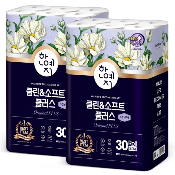 한예지 클린앤소프트 플러스 천연펼프 3겹 화장지 30M 30롤 (2팩)