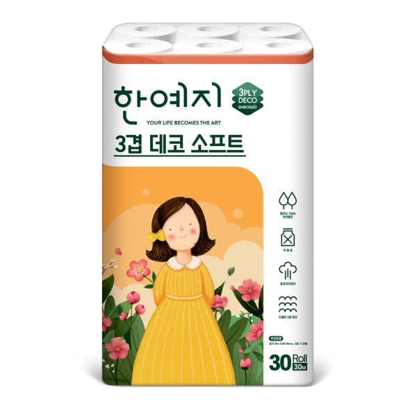 한예지 30롤 30m 3겹 데코 소프트 무형광 천연펄프 화장지 1팩